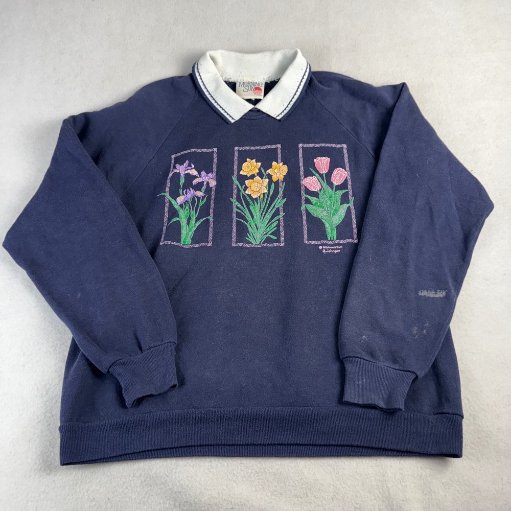 Vintage Morning Sun Floral Graphic Sweatshirt Navy Blue Collared G Johnson L